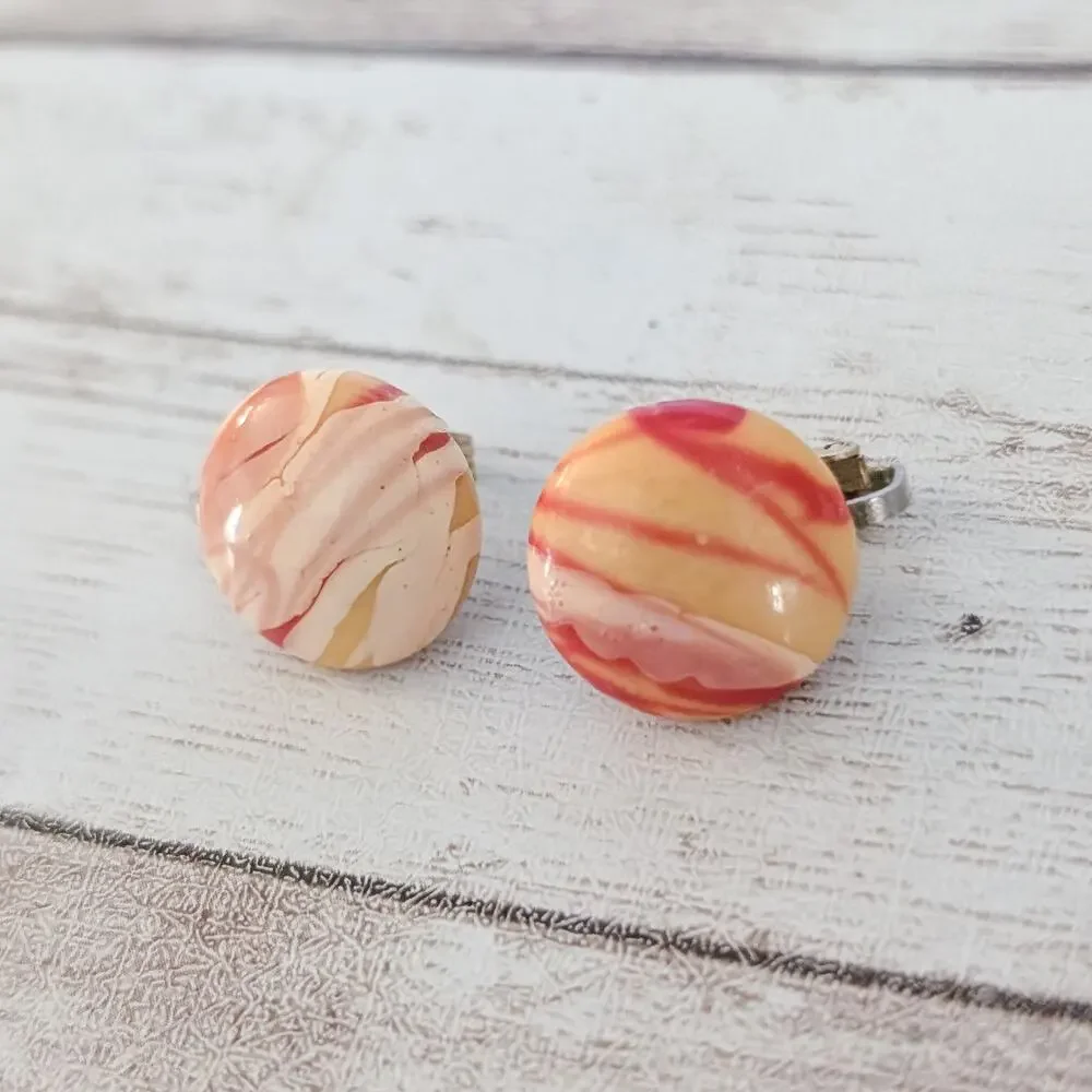 Vintage Clip On Earrings Red & Cream Marbled